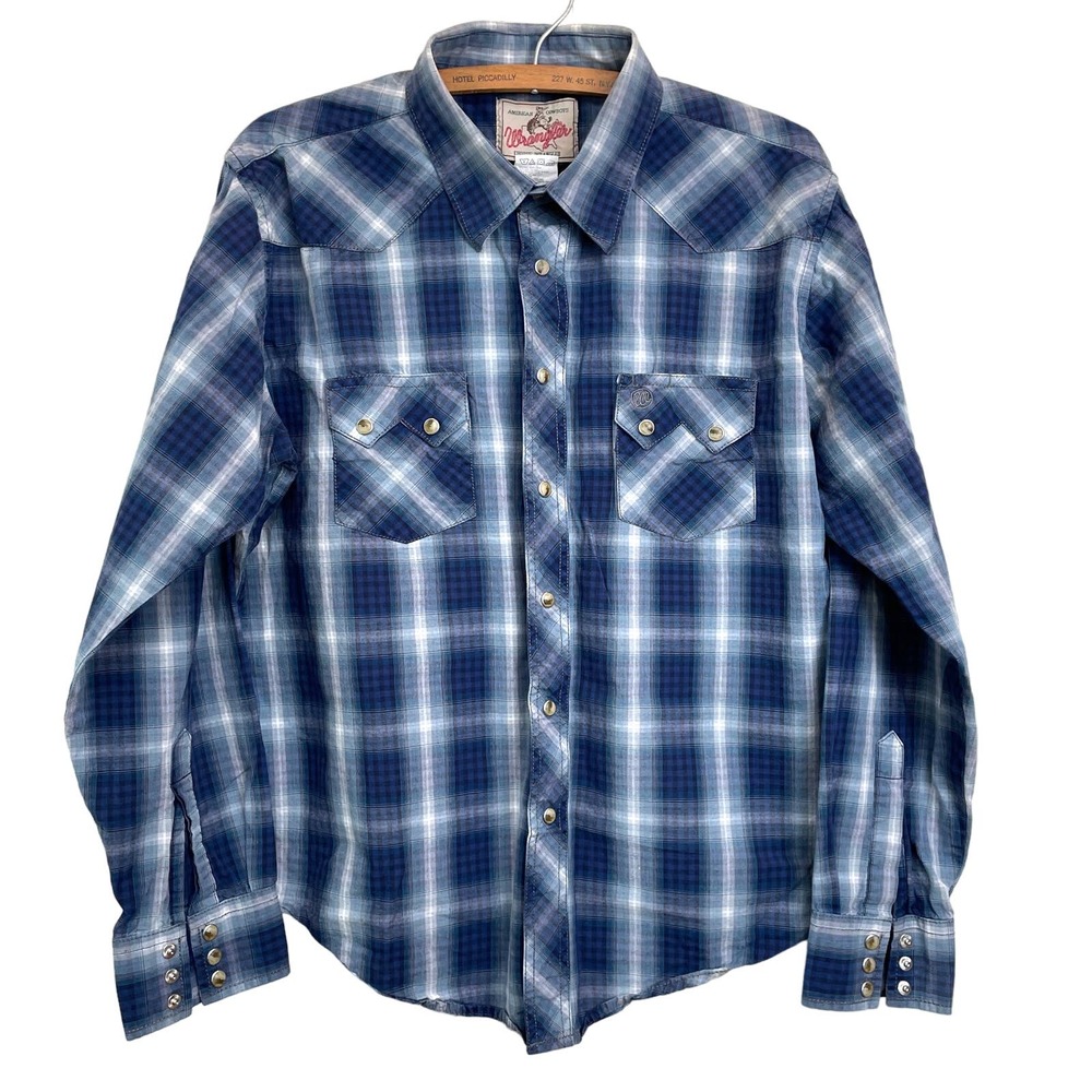Vintage Wrangler Women’s American Cowboys Plaid Snap Western Shirt Sz L Blue